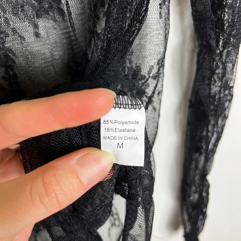 Sheer Mesh Floral Top Forest Fairy M Black Whimsigoth Lace Y2K Grunge Club Layer - Picture 2 of 9